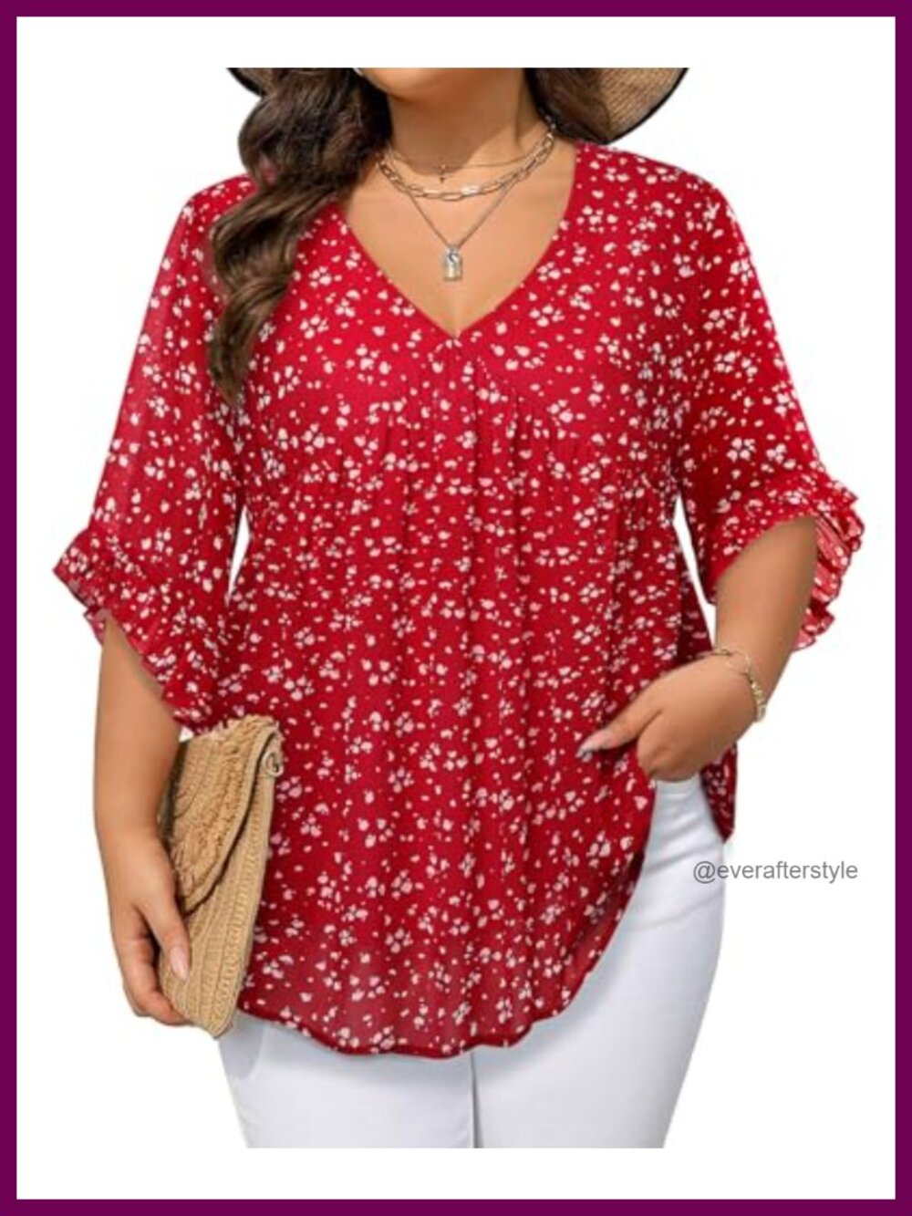 Plus Size 3/4 Ruffle Sleeve V Neck Chiffon Babydoll Tunic Blouse